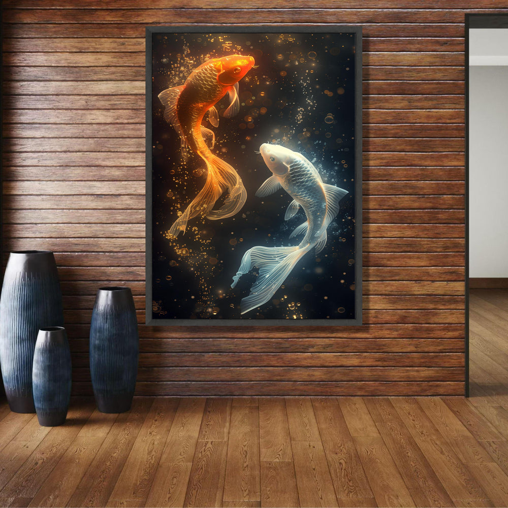 Radiant Koi Fish Duo Canvas, Glowing Orange and White Koi Wall Art, Underwater Scene Canvas, Aquatic wall decoration, canvas print, wall art
