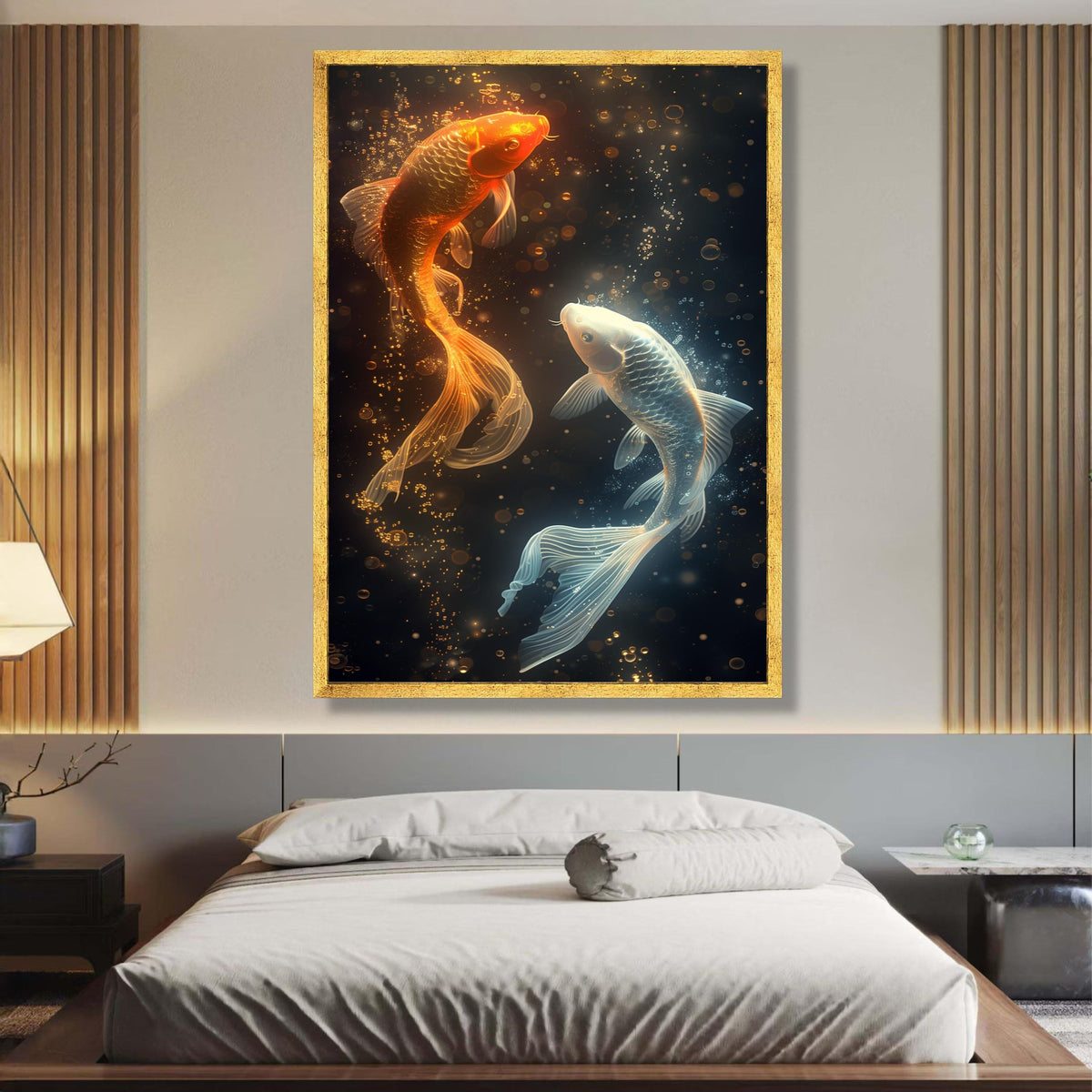 Radiant Koi Fish Duo Canvas, Glowing Orange and White Koi Wall Art, Underwater Scene Canvas, Aquatic wall decoration, canvas print, wall art
