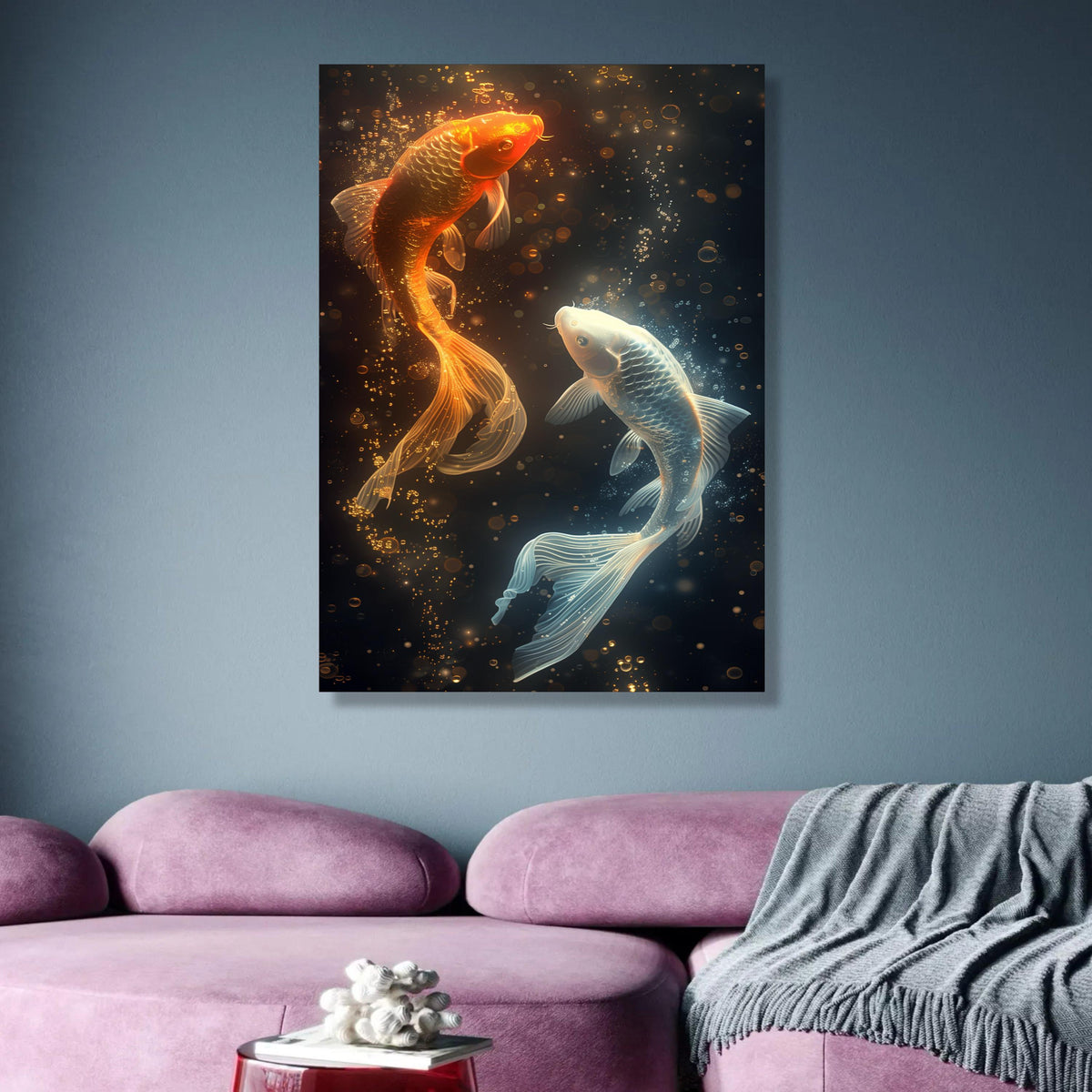 Radiant Koi Fish Duo Canvas, Glowing Orange and White Koi Wall Art, Underwater Scene Canvas, Aquatic wall decoration, canvas print, wall art