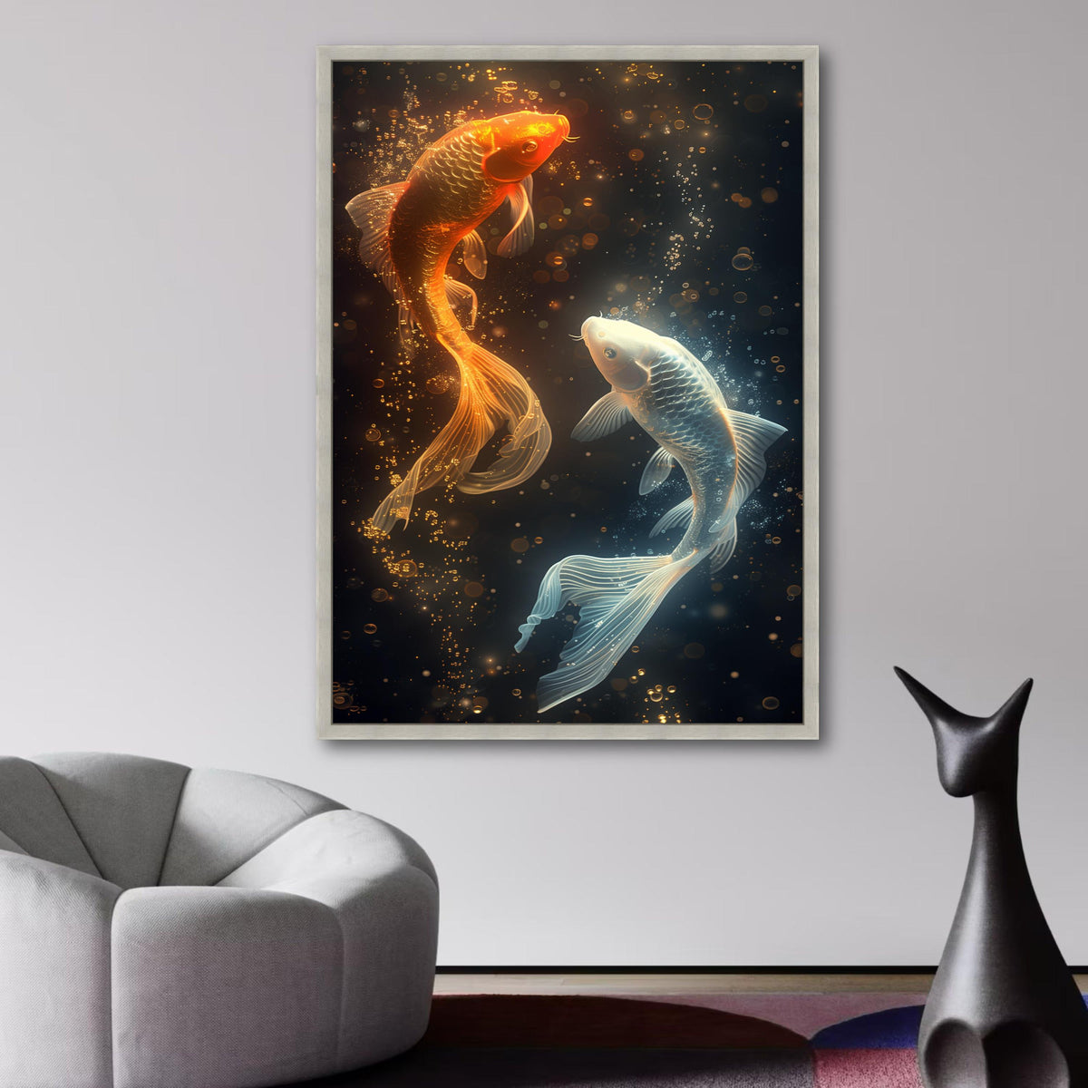 Radiant Koi Fish Duo Canvas, Glowing Orange and White Koi Wall Art, Underwater Scene Canvas, Aquatic wall decoration, canvas print, wall art