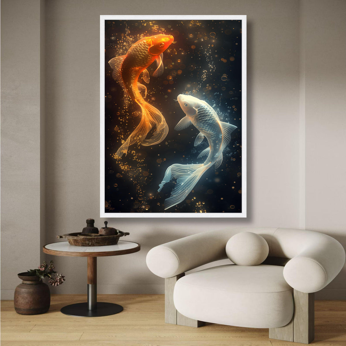 Radiant Koi Fish Duo Canvas, Glowing Orange and White Koi Wall Art, Underwater Scene Canvas, Aquatic wall decoration, canvas print, wall art