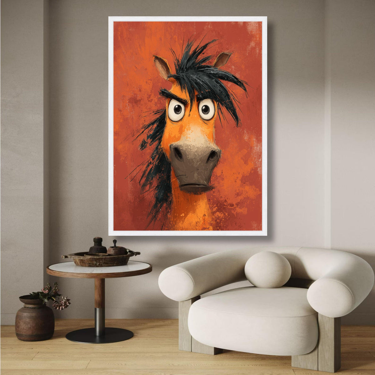 Funny Cartoon Horse Canvas Wall Art, Expressive Animal Portrait, Humorous Farm Animal Canvas, Kids wall decoration, canvas print, wall art