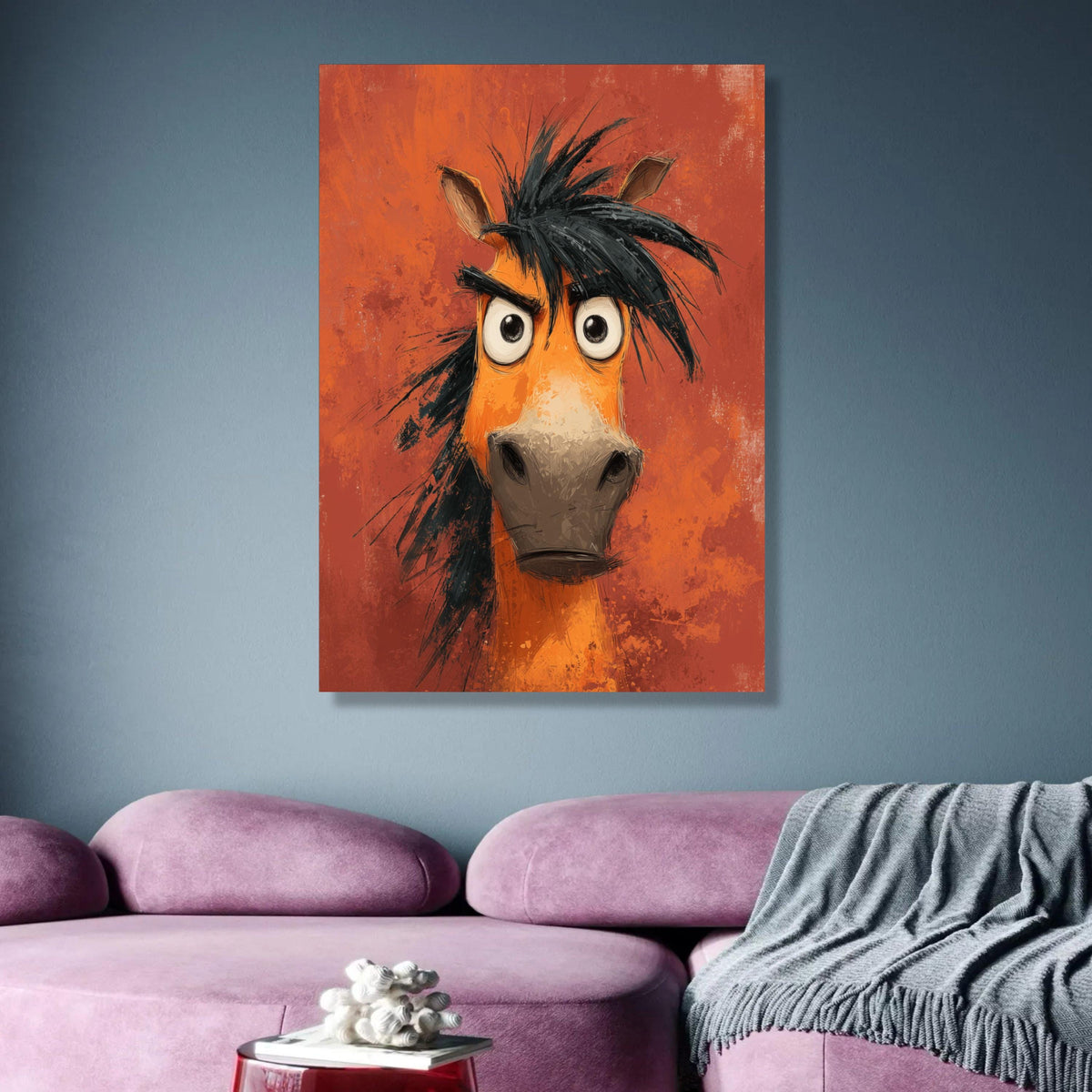 Funny Cartoon Horse Canvas Wall Art, Expressive Animal Portrait, Humorous Farm Animal Canvas, Kids wall decoration, canvas print, wall art