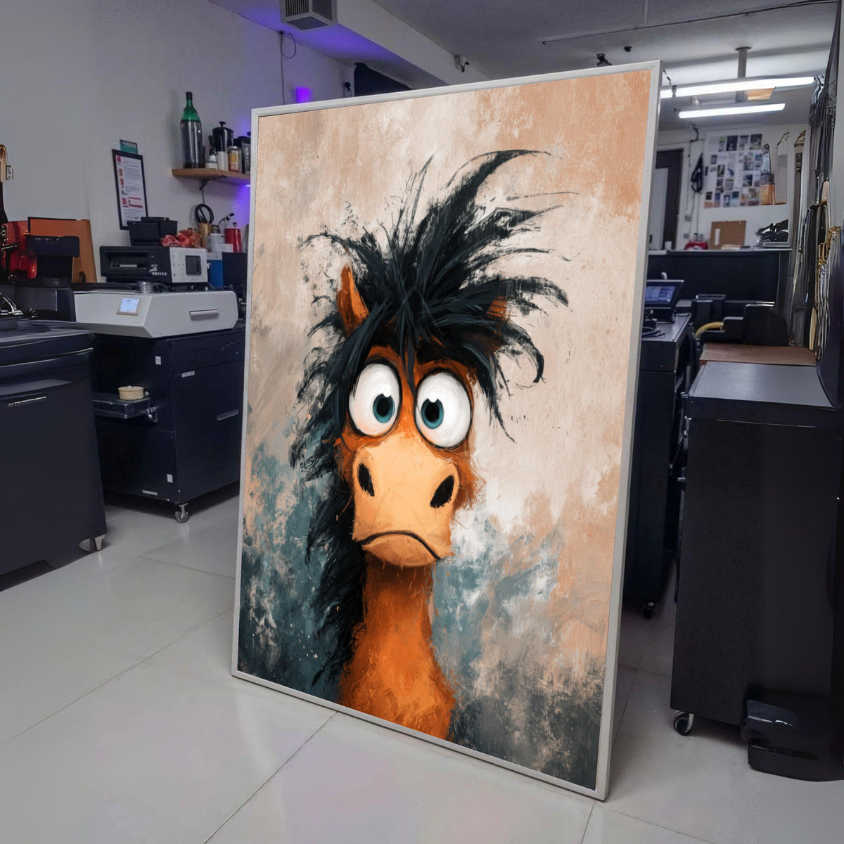 Quirky Wide-Eyed Horse Portrait, Funny Animal Canvas, Whimsical Rustic Wall Art, Expressive Cartoon wall decoration, canvas print, wall art