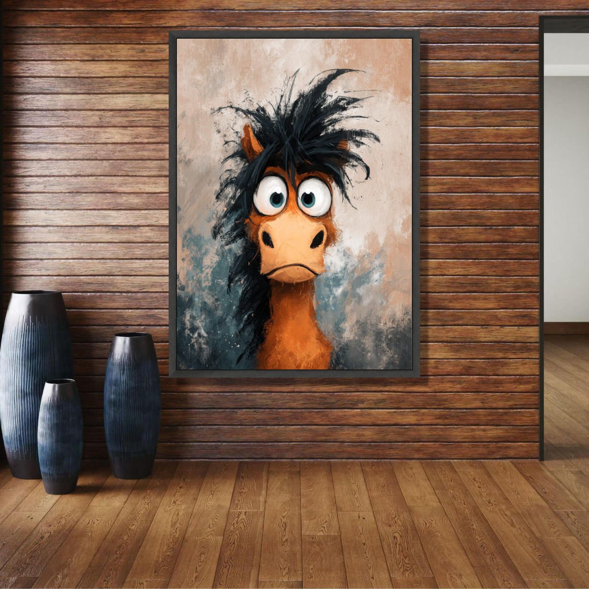 Quirky Wide-Eyed Horse Portrait, Funny Animal Canvas, Whimsical Rustic Wall Art, Expressive Cartoon wall decoration, canvas print, wall art