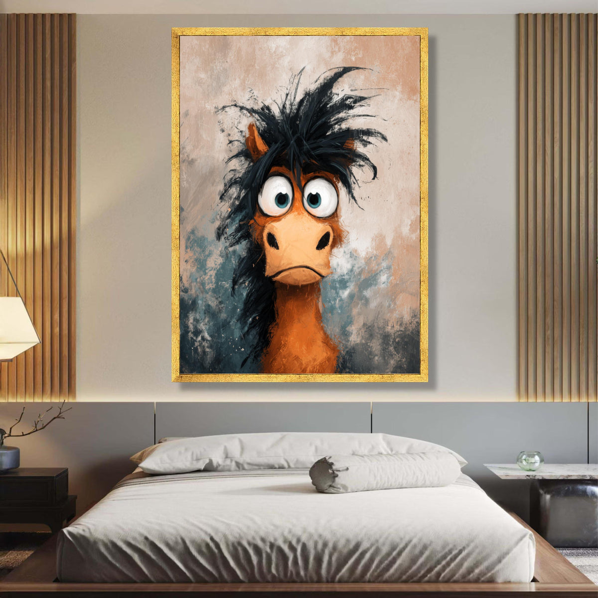 Quirky Wide-Eyed Horse Portrait, Funny Animal Canvas, Whimsical Rustic Wall Art, Expressive Cartoon wall decoration, canvas print, wall art