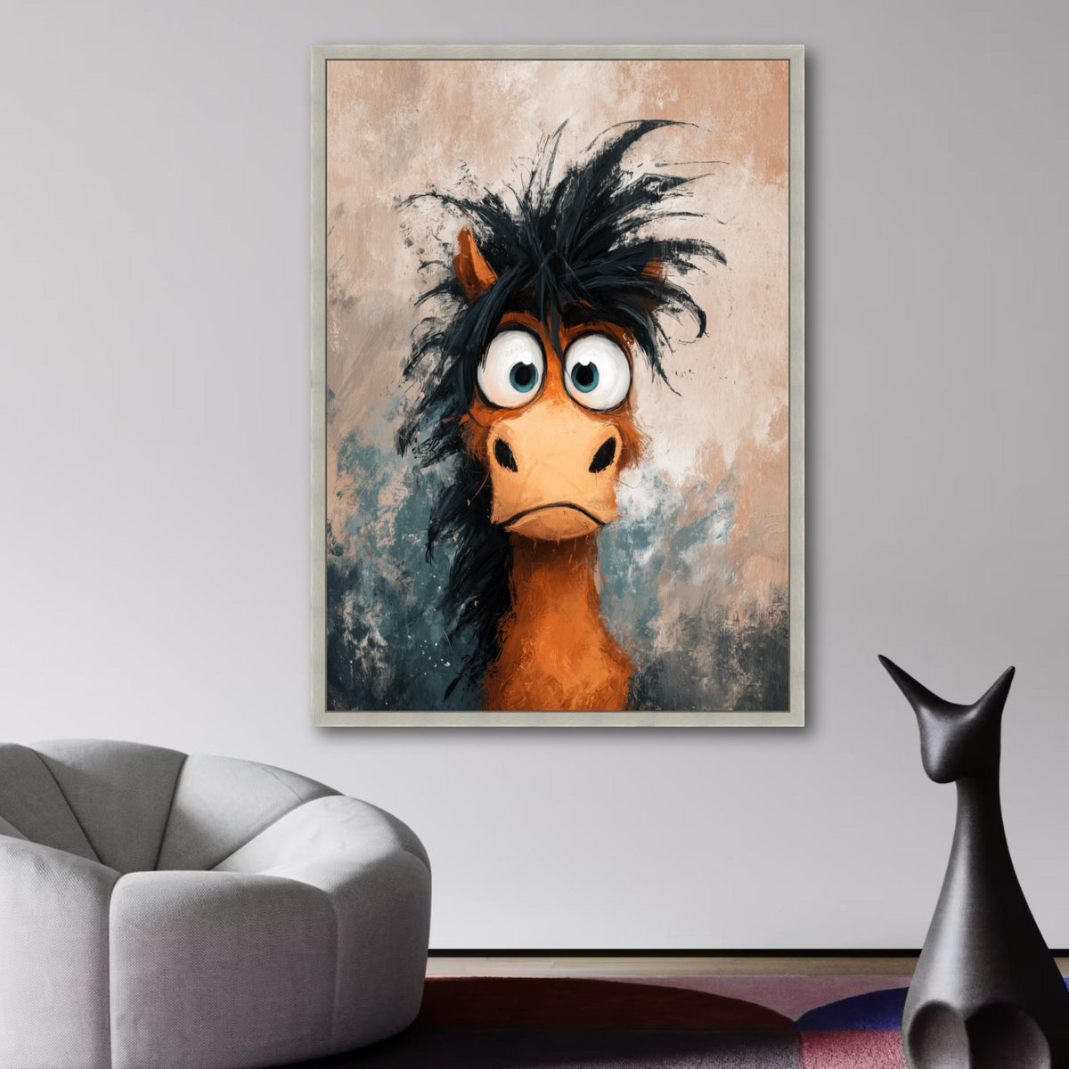 Quirky Wide-Eyed Horse Portrait, Funny Animal Canvas, Whimsical Rustic Wall Art, Expressive Cartoon wall decoration, canvas print, wall art