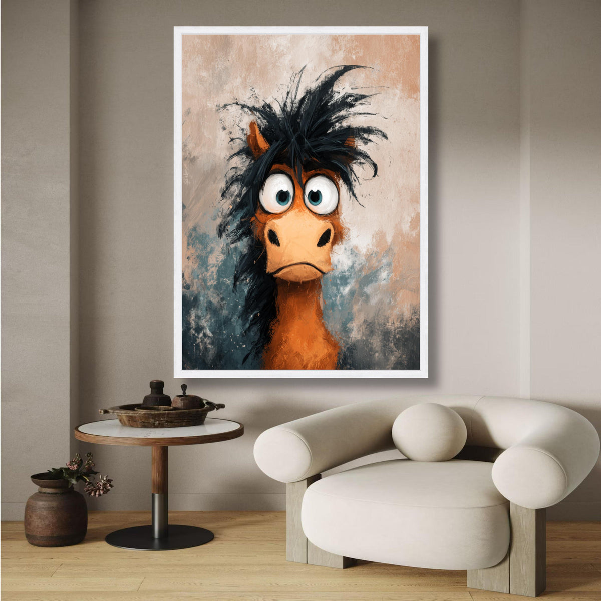 Quirky Wide-Eyed Horse Portrait, Funny Animal Canvas, Whimsical Rustic Wall Art, Expressive Cartoon wall decoration, canvas print, wall art