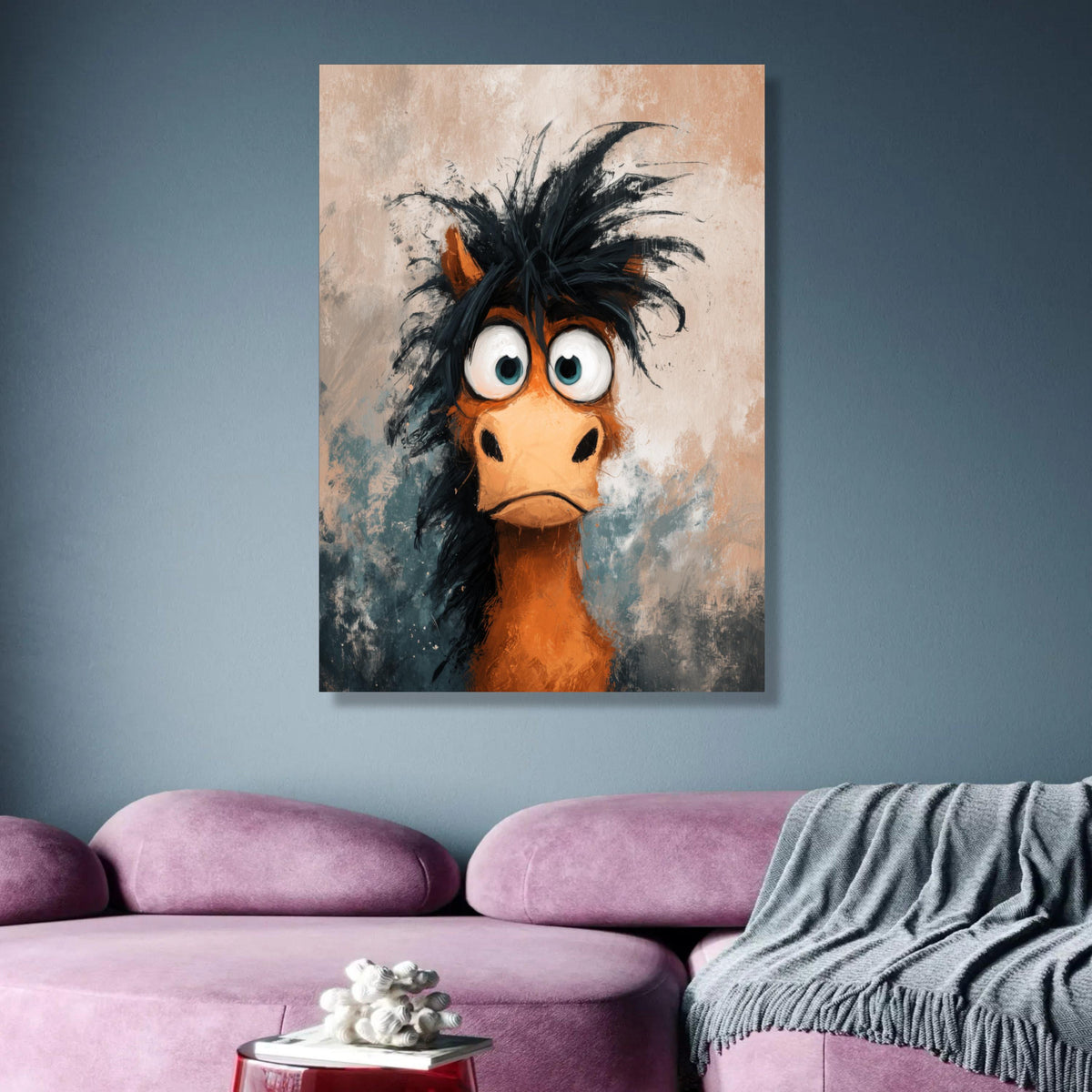 Quirky Wide-Eyed Horse Portrait, Funny Animal Canvas, Whimsical Rustic Wall Art, Expressive Cartoon wall decoration, canvas print, wall art
