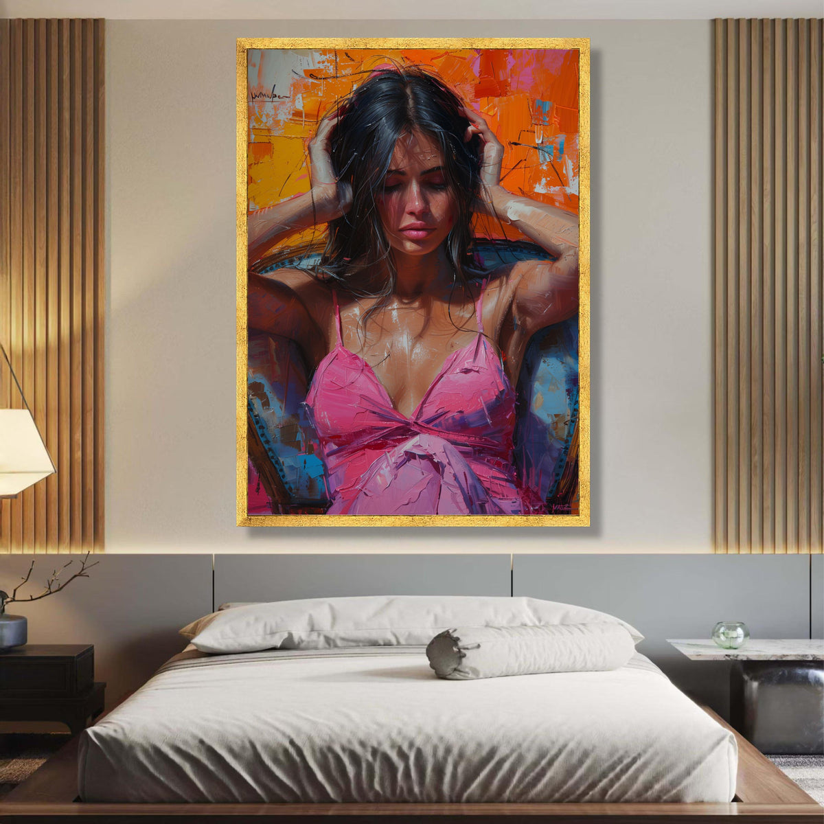 Contemplative Woman in Pink Dress Canvas, Modern Abstract Portrait, Colorful Expressionist Wall Art, wall decoration, canvas print, wall art