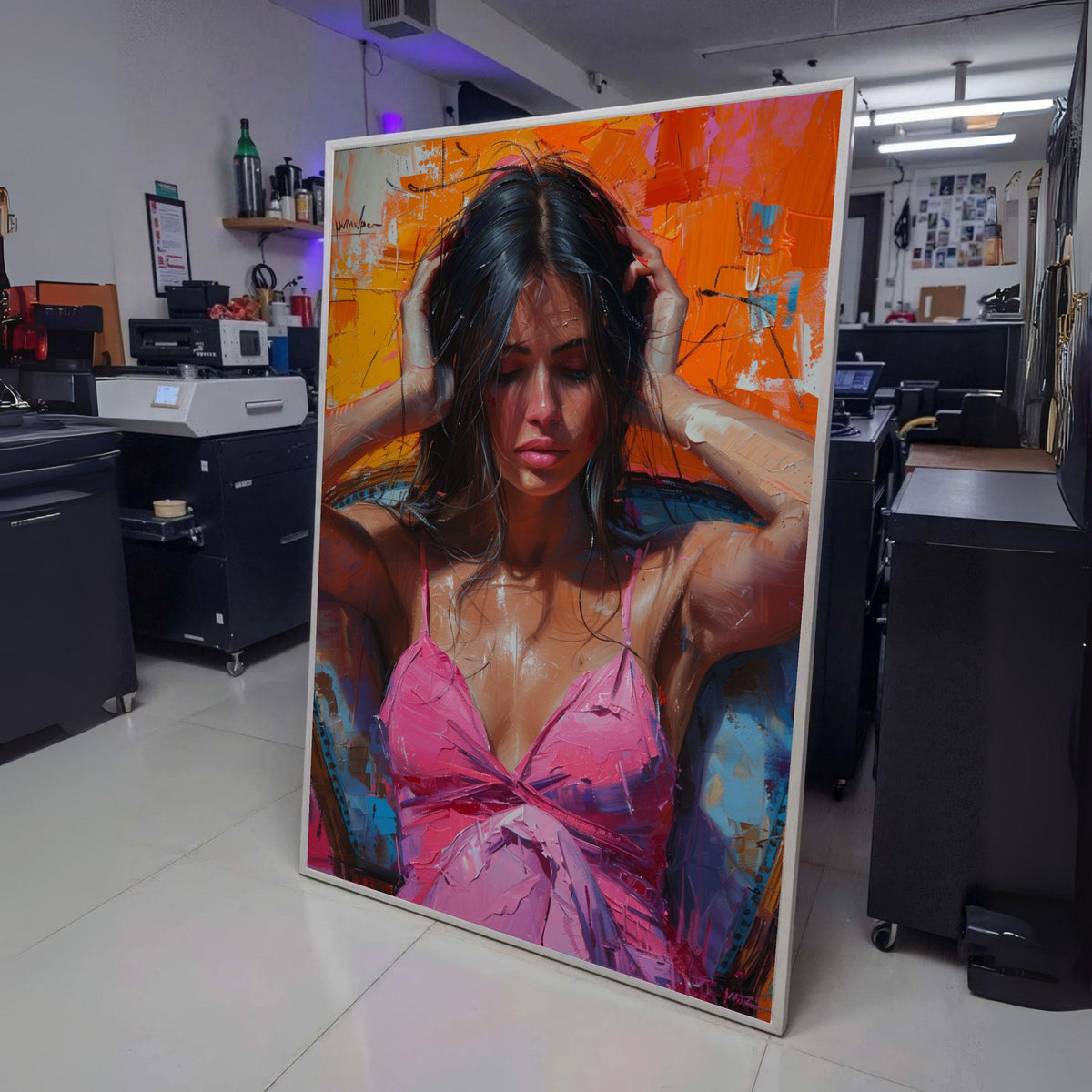 Contemplative Woman in Pink Dress Canvas, Modern Abstract Portrait, Colorful Expressionist Wall Art, wall decoration, canvas print, wall art