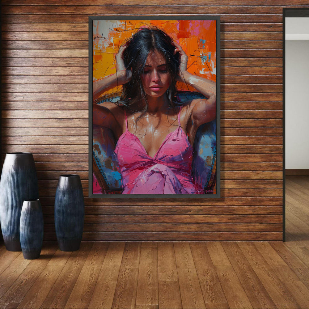 Contemplative Woman in Pink Dress Canvas, Modern Abstract Portrait, Colorful Expressionist Wall Art, wall decoration, canvas print, wall art