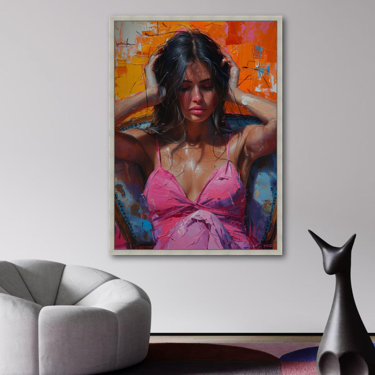 Contemplative Woman in Pink Dress Canvas, Modern Abstract Portrait, Colorful Expressionist Wall Art, wall decoration, canvas print, wall art