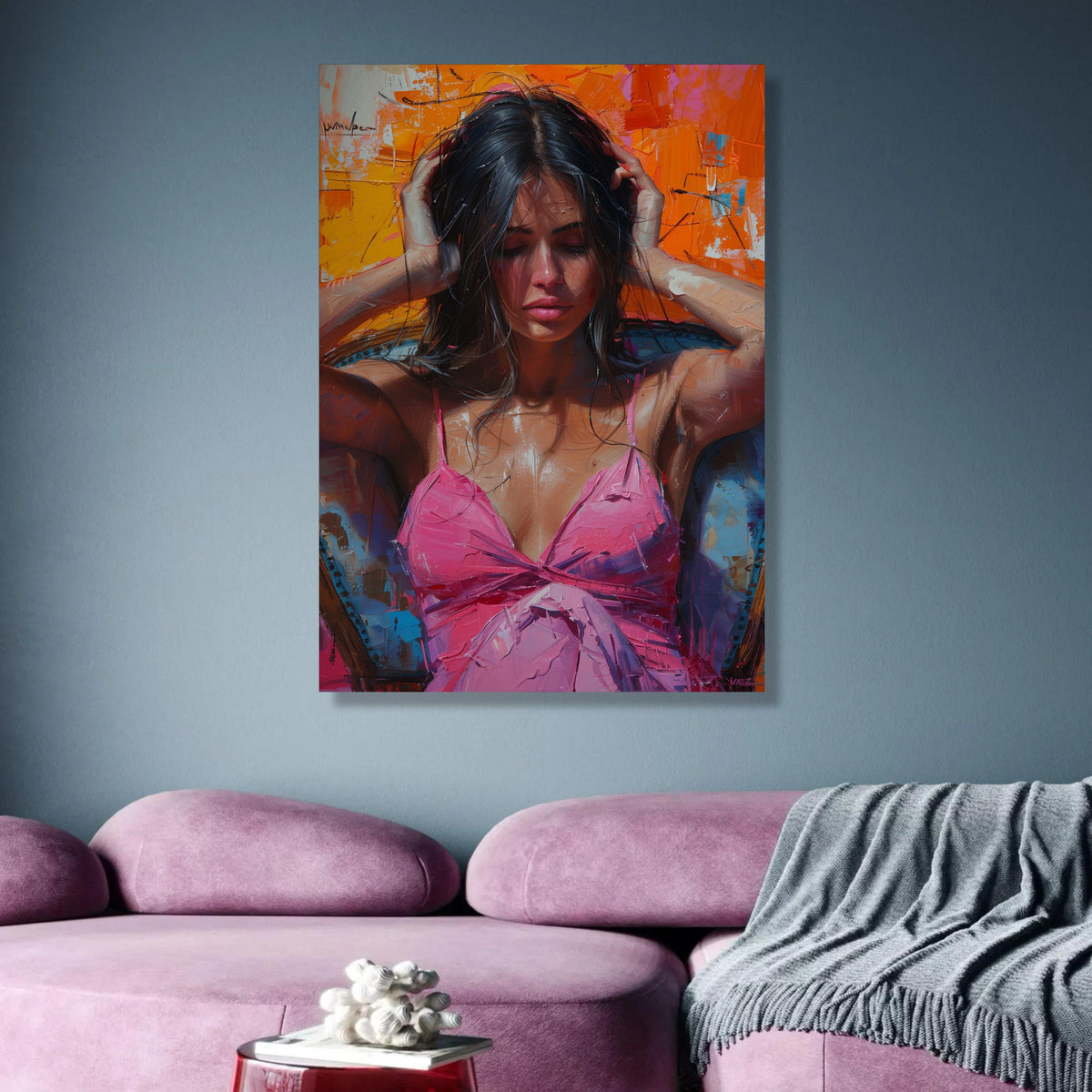 Contemplative Woman in Pink Dress Canvas, Modern Abstract Portrait, Colorful Expressionist Wall Art, wall decoration, canvas print, wall art