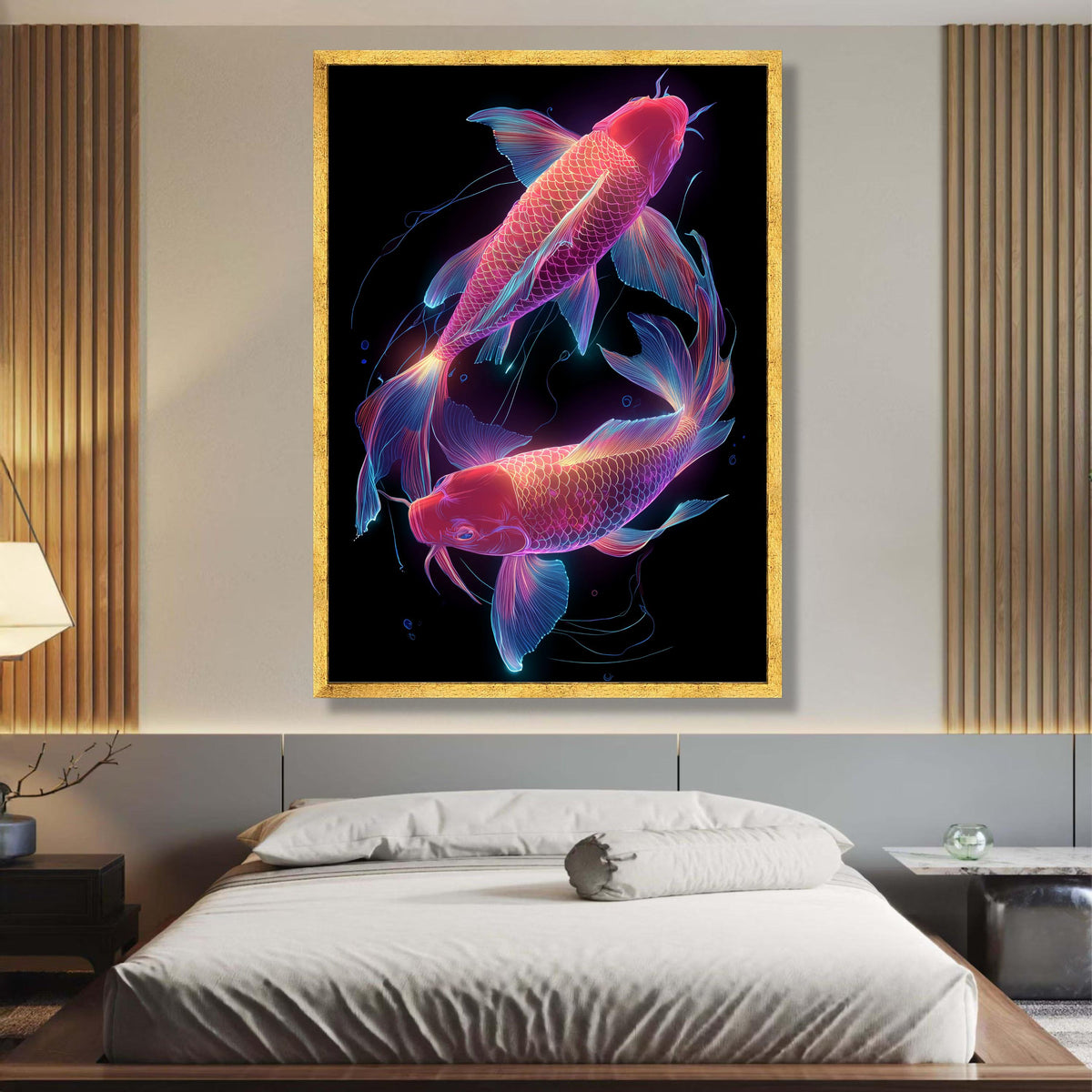 Neon Koi Fish Canvas Wall Art, Glowing Aquatic Decor, Vibrant Fish Illustration, Modern Home wall decoration, canvas print, wall art