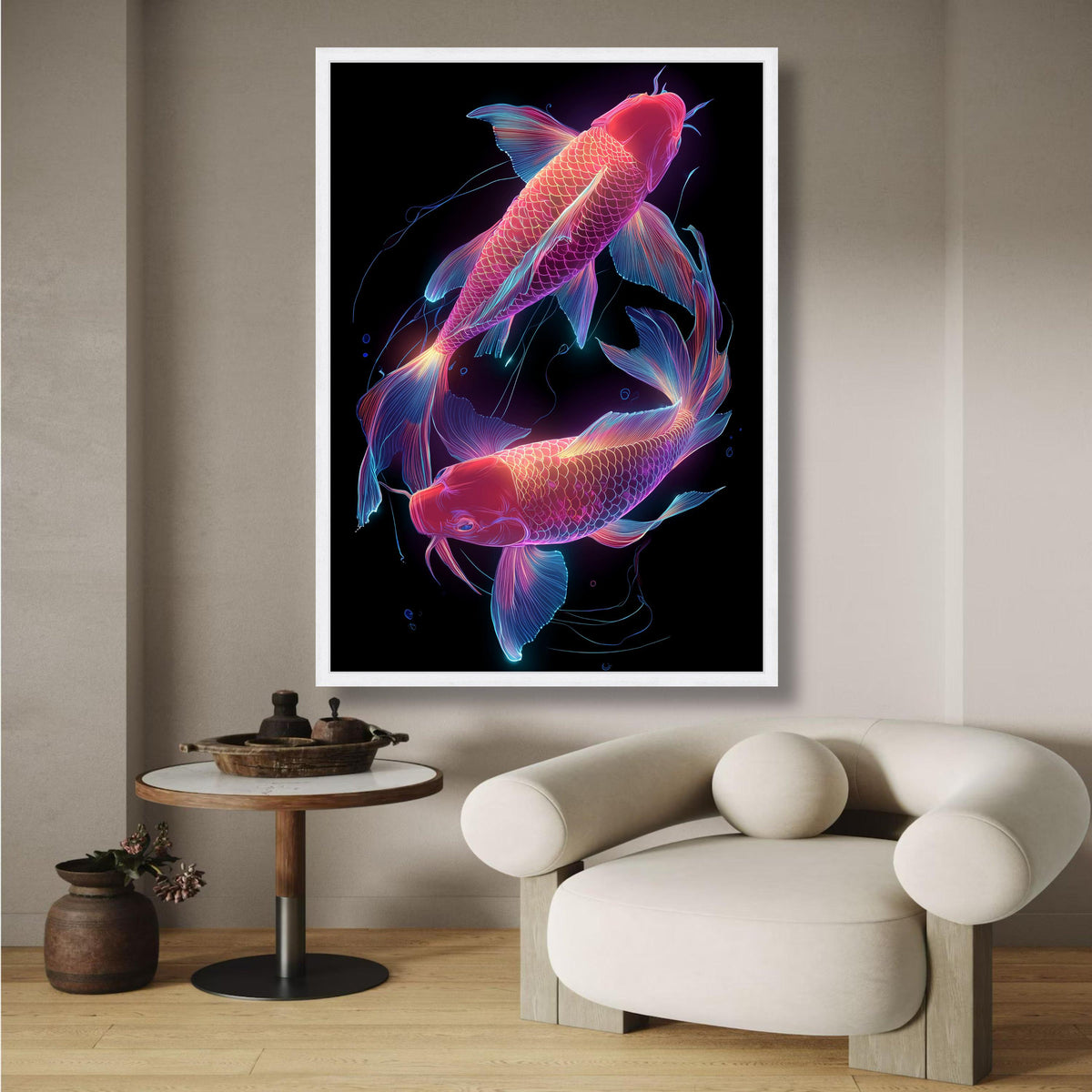 Neon Koi Fish Canvas Wall Art, Glowing Aquatic Decor, Vibrant Fish Illustration, Modern Home wall decoration, canvas print, wall art