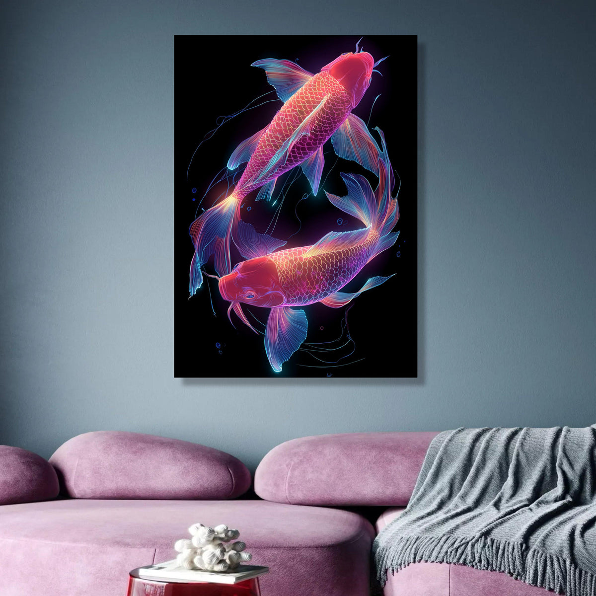 Neon Koi Fish Canvas Wall Art, Glowing Aquatic Decor, Vibrant Fish Illustration, Modern Home wall decoration, canvas print, wall art
