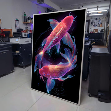 Neon Koi Fish Canvas Wall Art, Glowing Aquatic Decor, Vibrant Fish Illustration, Modern Home wall decoration, canvas print, wall art
