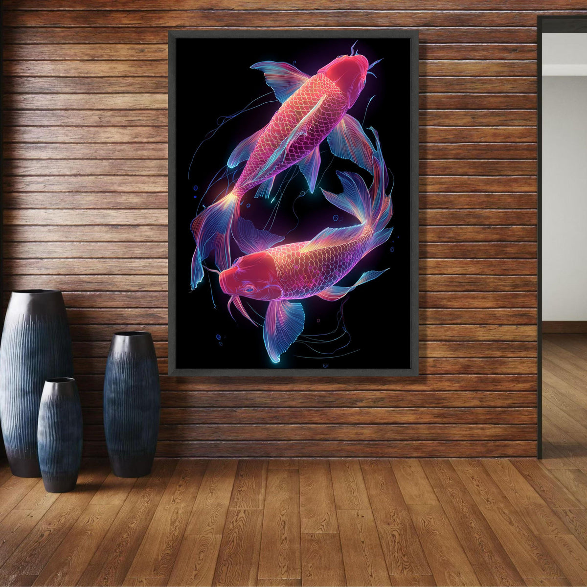 Neon Koi Fish Canvas Wall Art, Glowing Aquatic Decor, Vibrant Fish Illustration, Modern Home wall decoration, canvas print, wall art