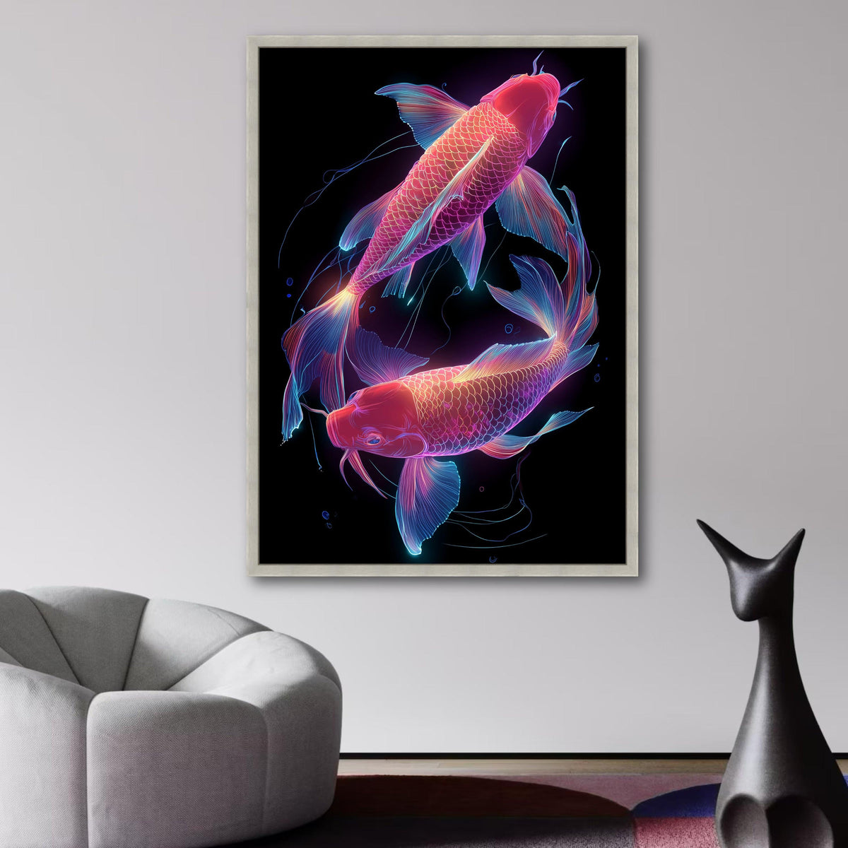 Neon Koi Fish Canvas Wall Art, Glowing Aquatic Decor, Vibrant Fish Illustration, Modern Home wall decoration, canvas print, wall art
