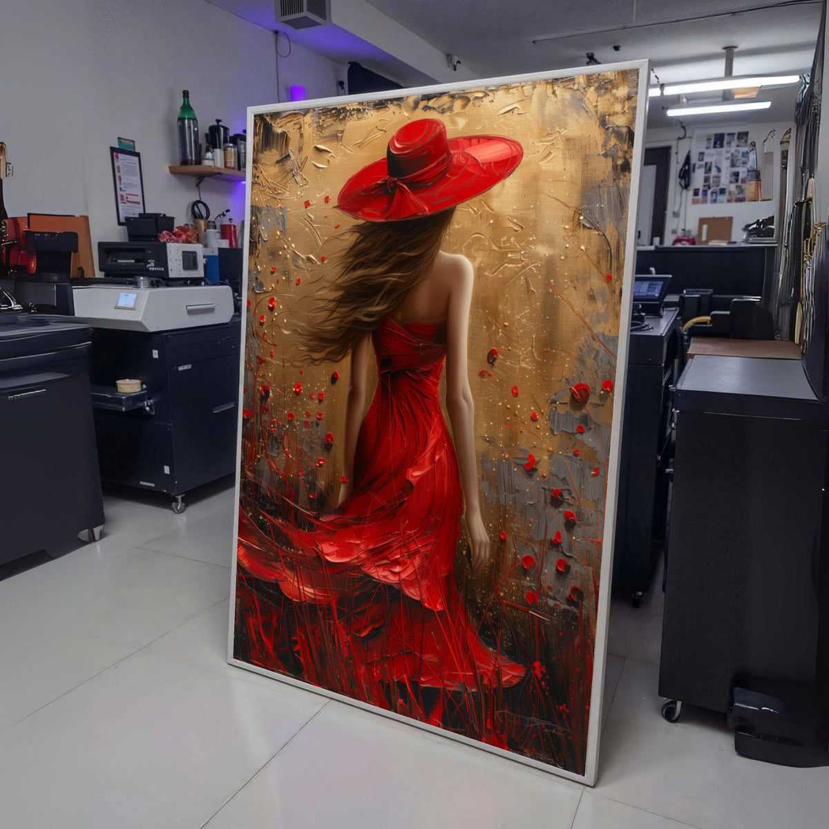 Elegant Woman in Red Dress and Hat Canvas, Abstract Fashion Art, Wall Decor, Modern Female Portrait wall decoration, canvas print, wall art