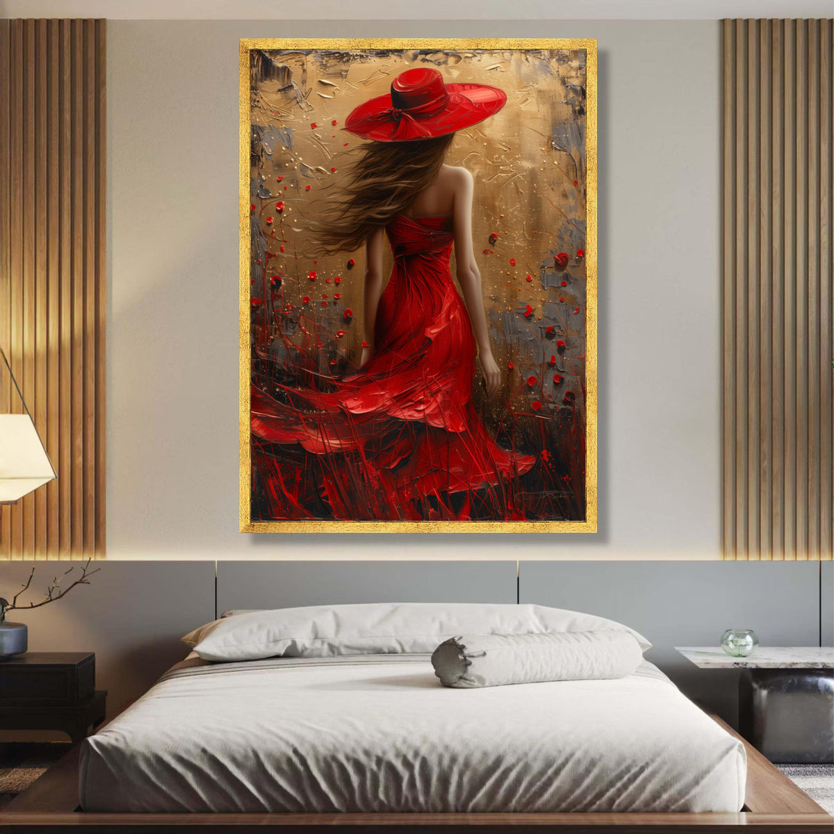 Elegant Woman in Red Dress and Hat Canvas, Abstract Fashion Art, Wall Decor, Modern Female Portrait wall decoration, canvas print, wall art