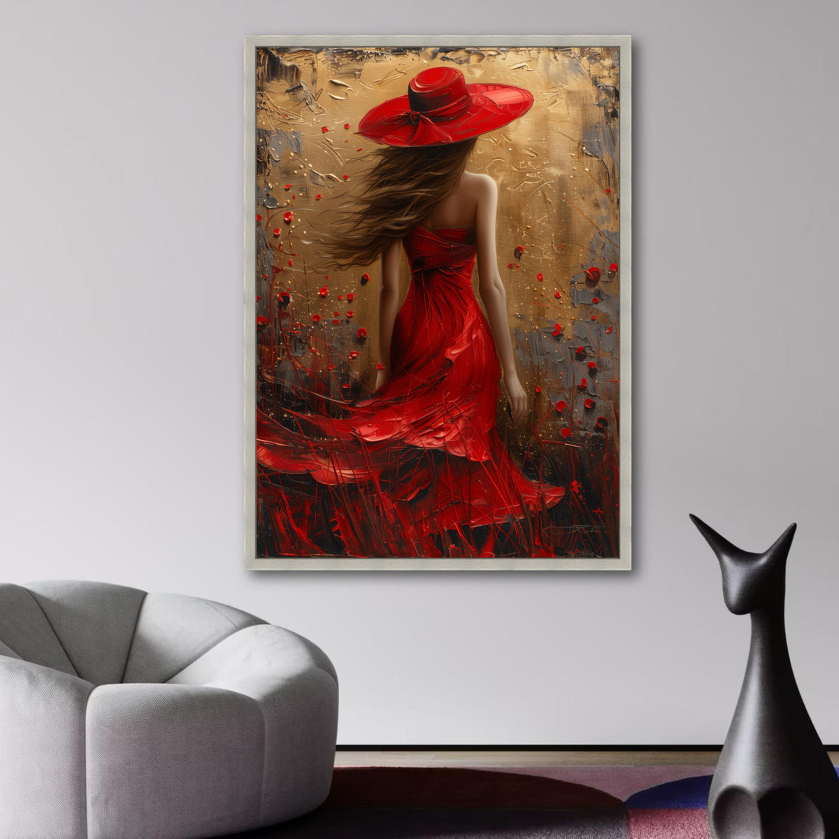 Elegant Woman in Red Dress and Hat Canvas, Abstract Fashion Art, Wall Decor, Modern Female Portrait wall decoration, canvas print, wall art