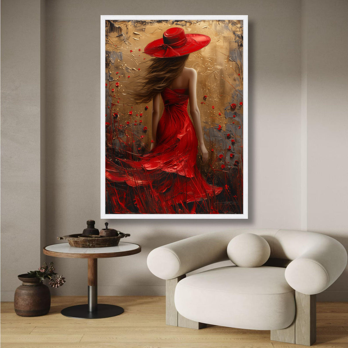 Elegant Woman in Red Dress and Hat Canvas, Abstract Fashion Art, Wall Decor, Modern Female Portrait wall decoration, canvas print, wall art