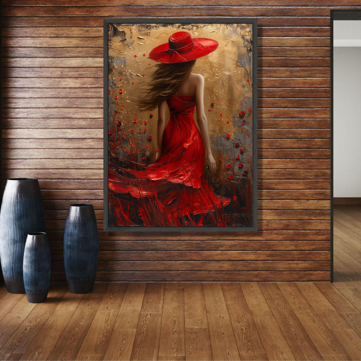 Elegant Woman in Red Dress and Hat Canvas, Abstract Fashion Art, Wall Decor, Modern Female Portrait wall decoration, canvas print, wall art