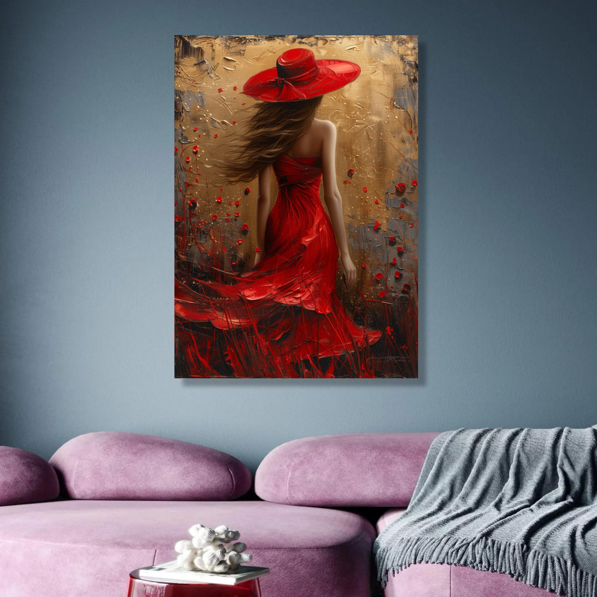 Elegant Woman in Red Dress and Hat Canvas, Abstract Fashion Art, Wall Decor, Modern Female Portrait wall decoration, canvas print, wall art