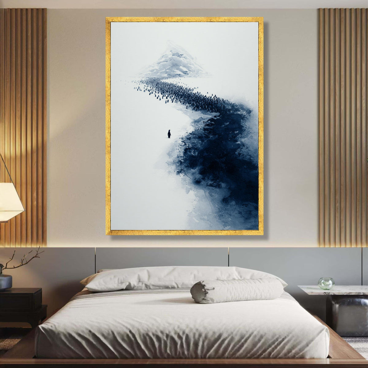 Minimalist Penguin Colony Canvas, Arctic Landscape Wall Art, Blue Monochrome Nature Canvas, Modern wall decoration, canvas print, wall art