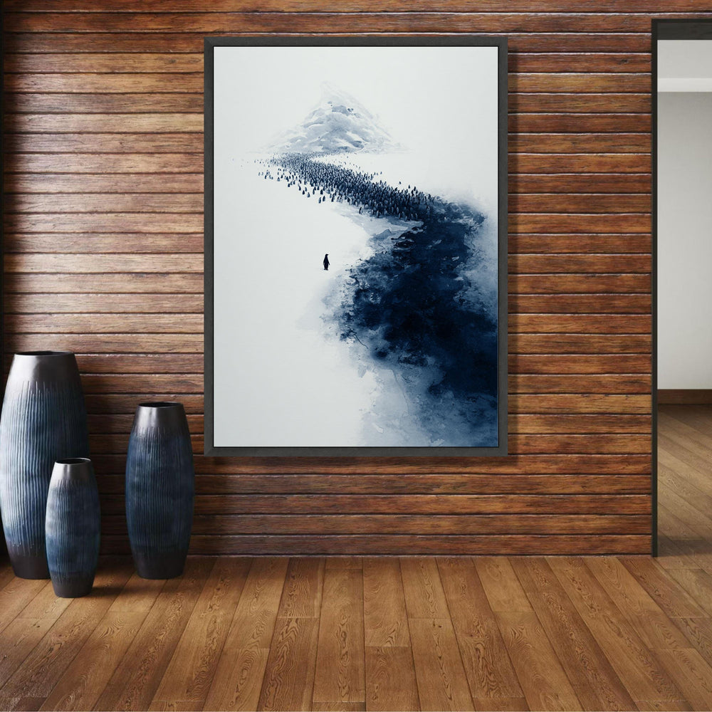 Minimalist Penguin Colony Canvas, Arctic Landscape Wall Art, Blue Monochrome Nature Canvas, Modern wall decoration, canvas print, wall art