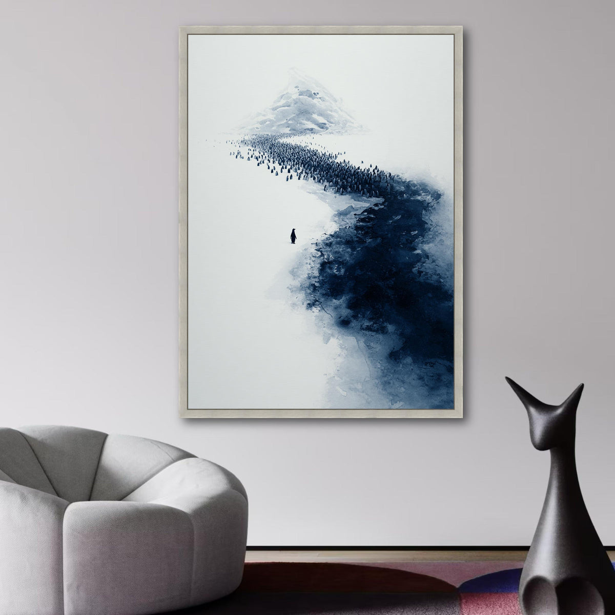 Minimalist Penguin Colony Canvas, Arctic Landscape Wall Art, Blue Monochrome Nature Canvas, Modern wall decoration, canvas print, wall art