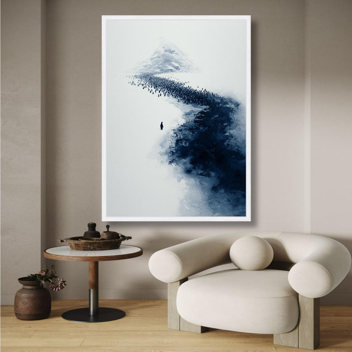 Minimalist Penguin Colony Canvas, Arctic Landscape Wall Art, Blue Monochrome Nature Canvas, Modern wall decoration, canvas print, wall art
