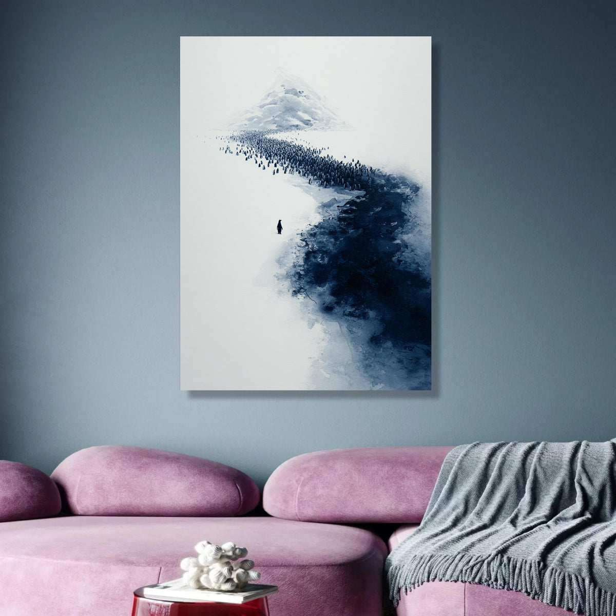 Minimalist Penguin Colony Canvas, Arctic Landscape Wall Art, Blue Monochrome Nature Canvas, Modern wall decoration, canvas print, wall art