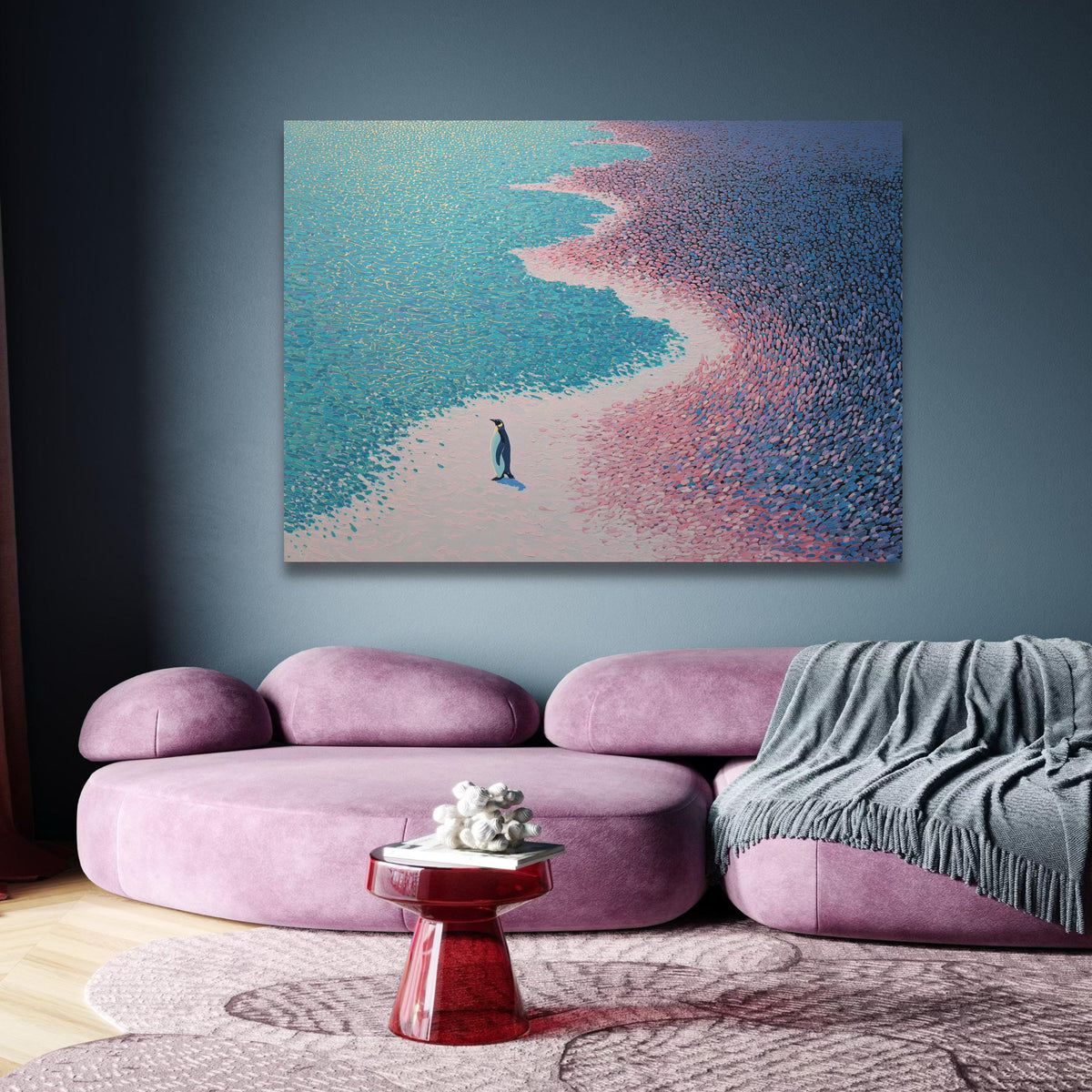 Solitary Emperor Penguin Canvas, Abstract Ice and Ocean Shoreline Wall Art, Modern Wildlife wall decoration, canvas print, wall art