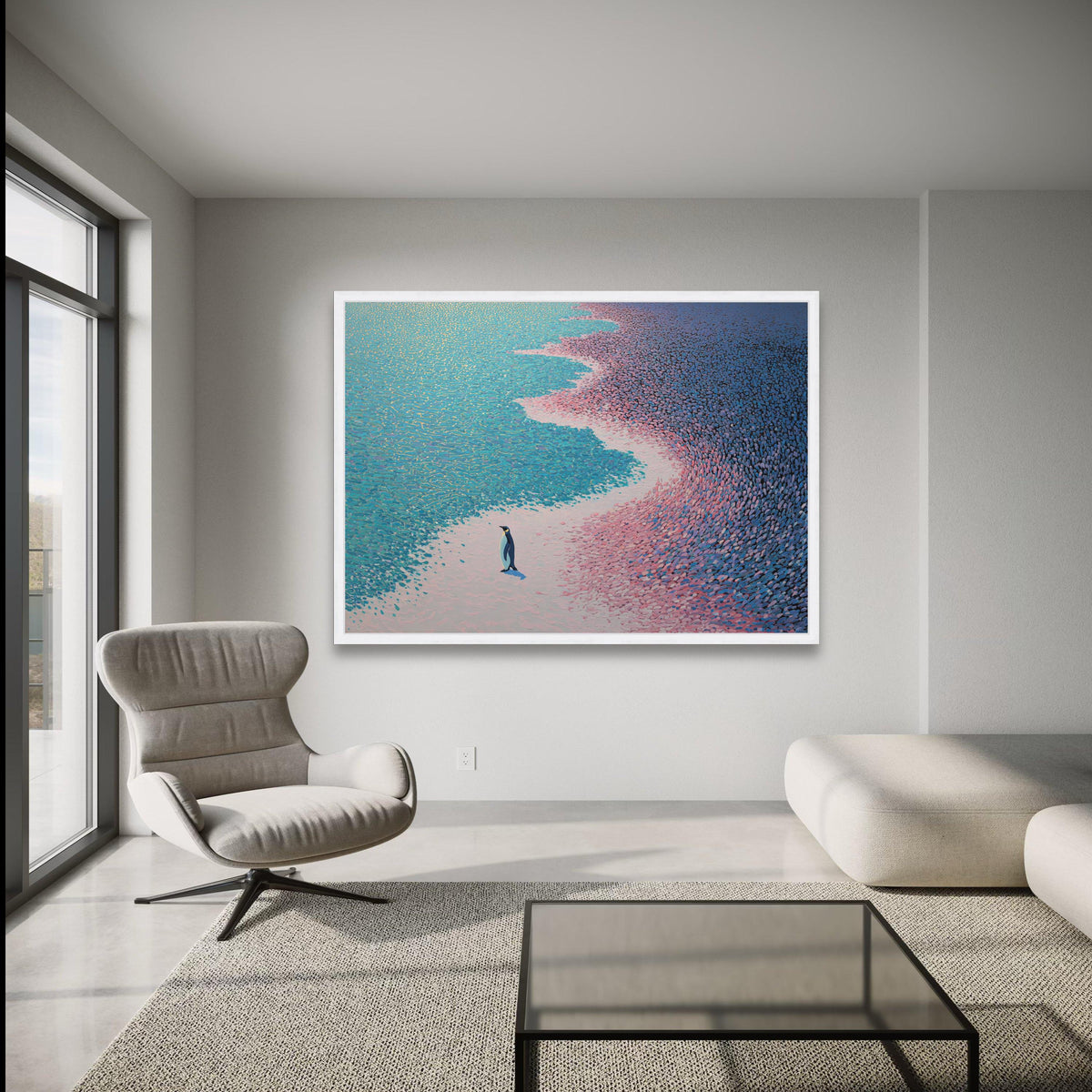 Solitary Emperor Penguin Canvas, Abstract Ice and Ocean Shoreline Wall Art, Modern Wildlife wall decoration, canvas print, wall art