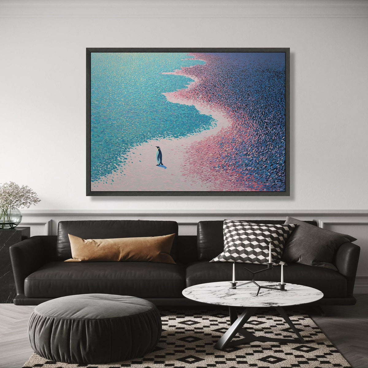 Solitary Emperor Penguin Canvas, Abstract Ice and Ocean Shoreline Wall Art, Modern Wildlife wall decoration, canvas print, wall art
