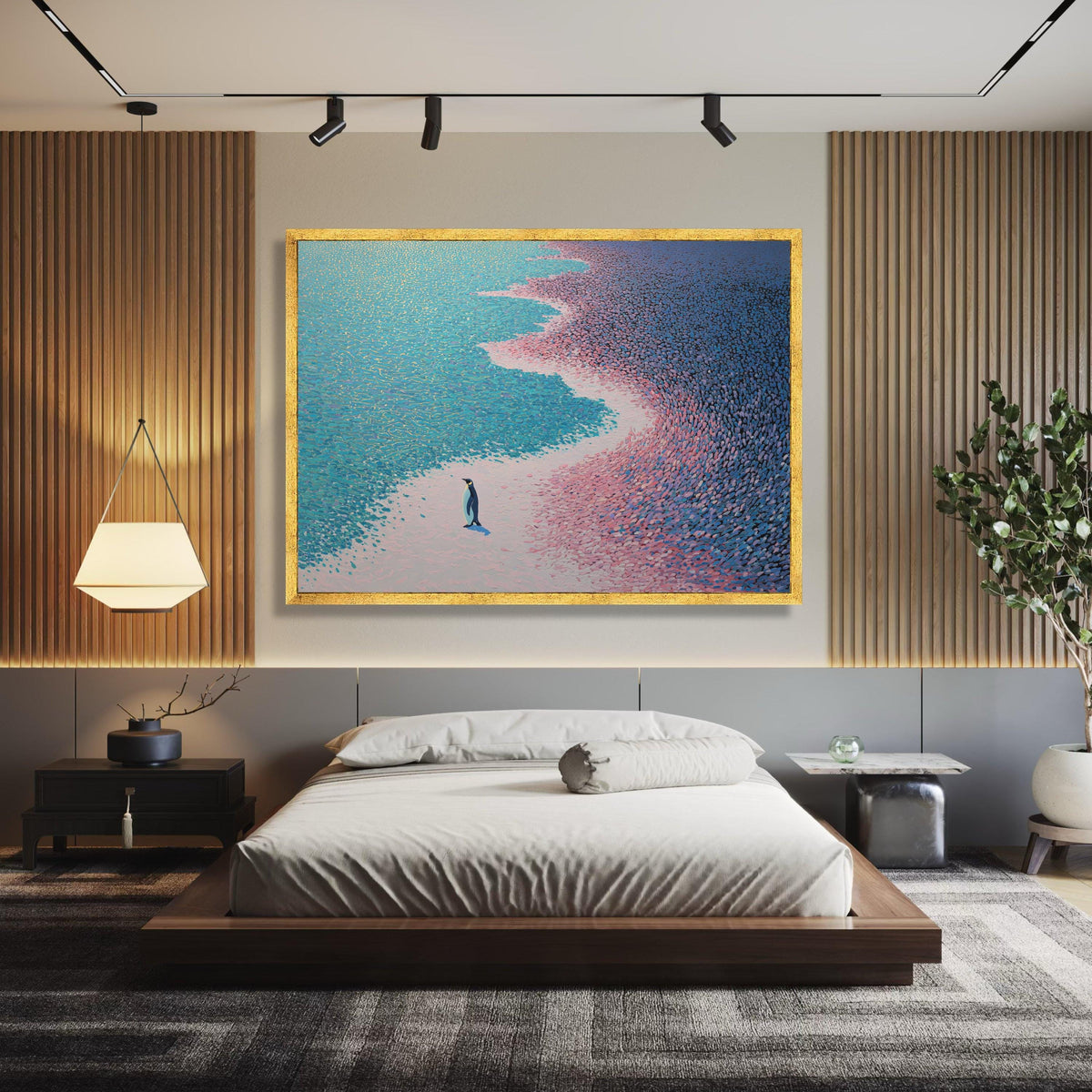 Solitary Emperor Penguin Canvas, Abstract Ice and Ocean Shoreline Wall Art, Modern Wildlife wall decoration, canvas print, wall art