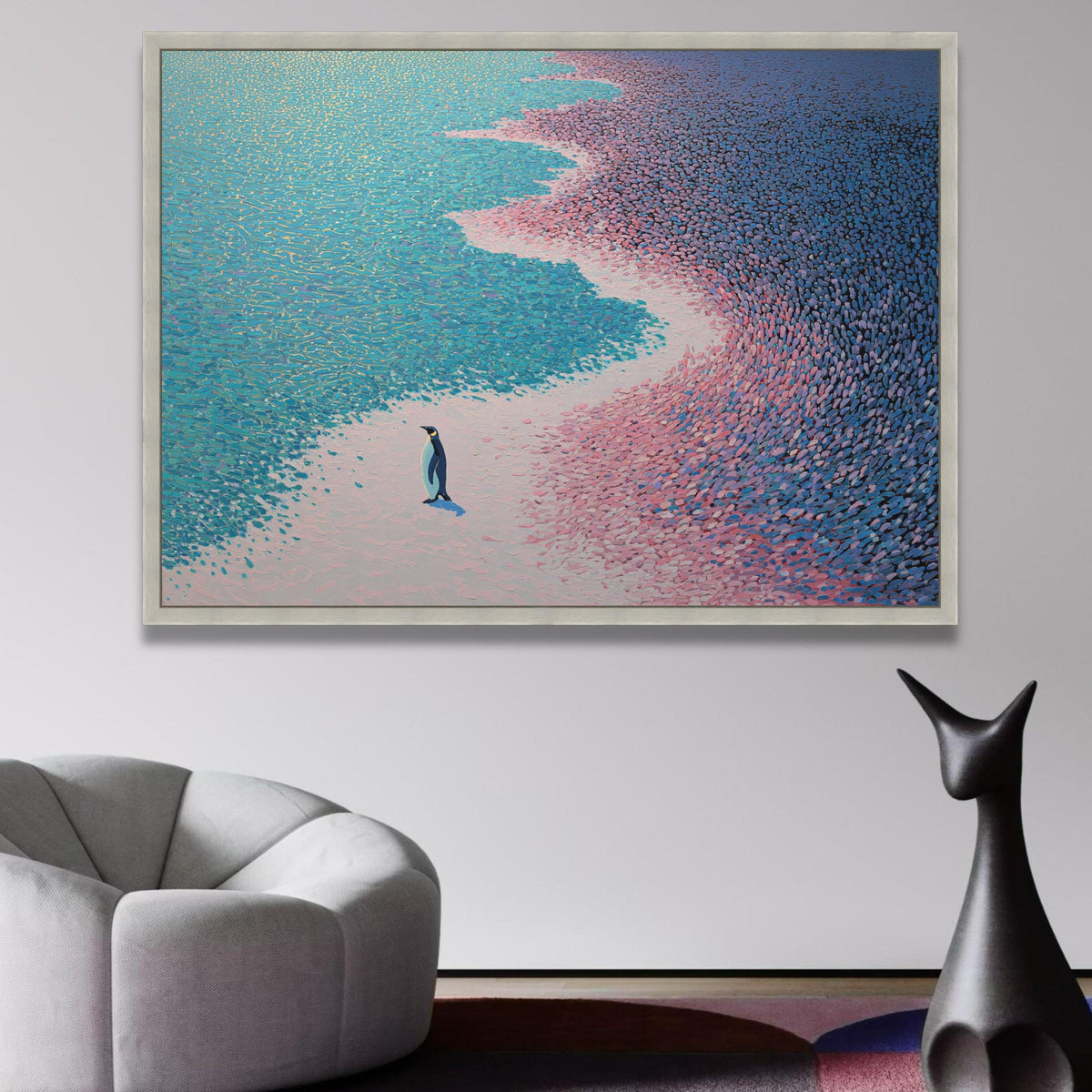 Solitary Emperor Penguin Canvas, Abstract Ice and Ocean Shoreline Wall Art, Modern Wildlife wall decoration, canvas print, wall art