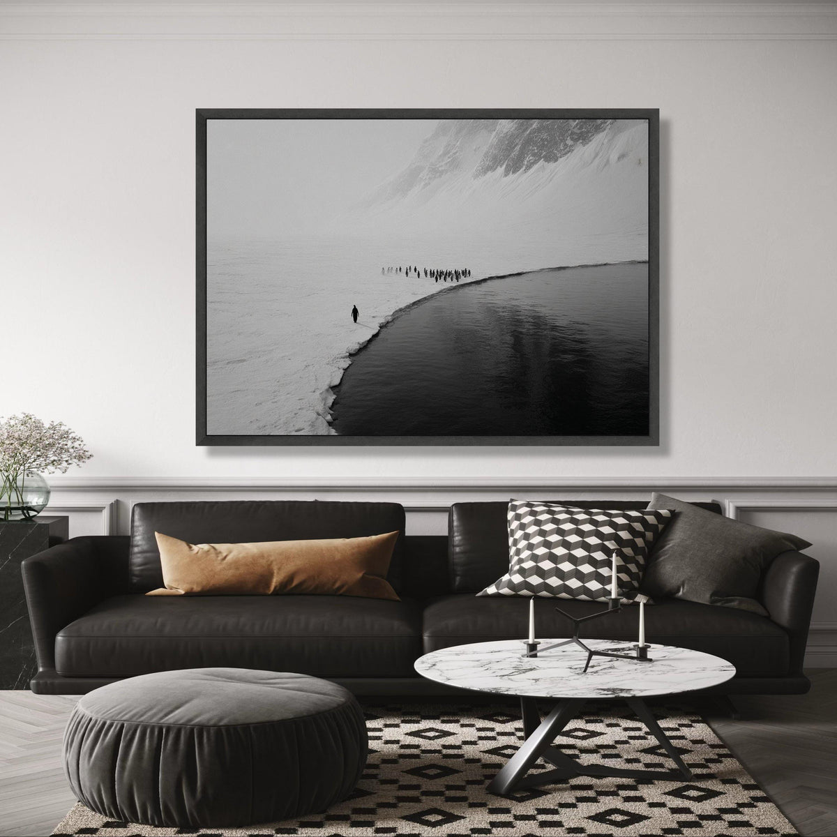 Penguin Colony on Ice Edge Canvas, Arctic Wildlife Wall Art, Black and White Nature Photography, wall decoration, canvas print, wall art