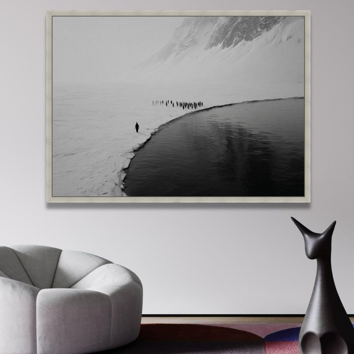 Penguin Colony on Ice Edge Canvas, Arctic Wildlife Wall Art, Black and White Nature Photography, wall decoration, canvas print, wall art