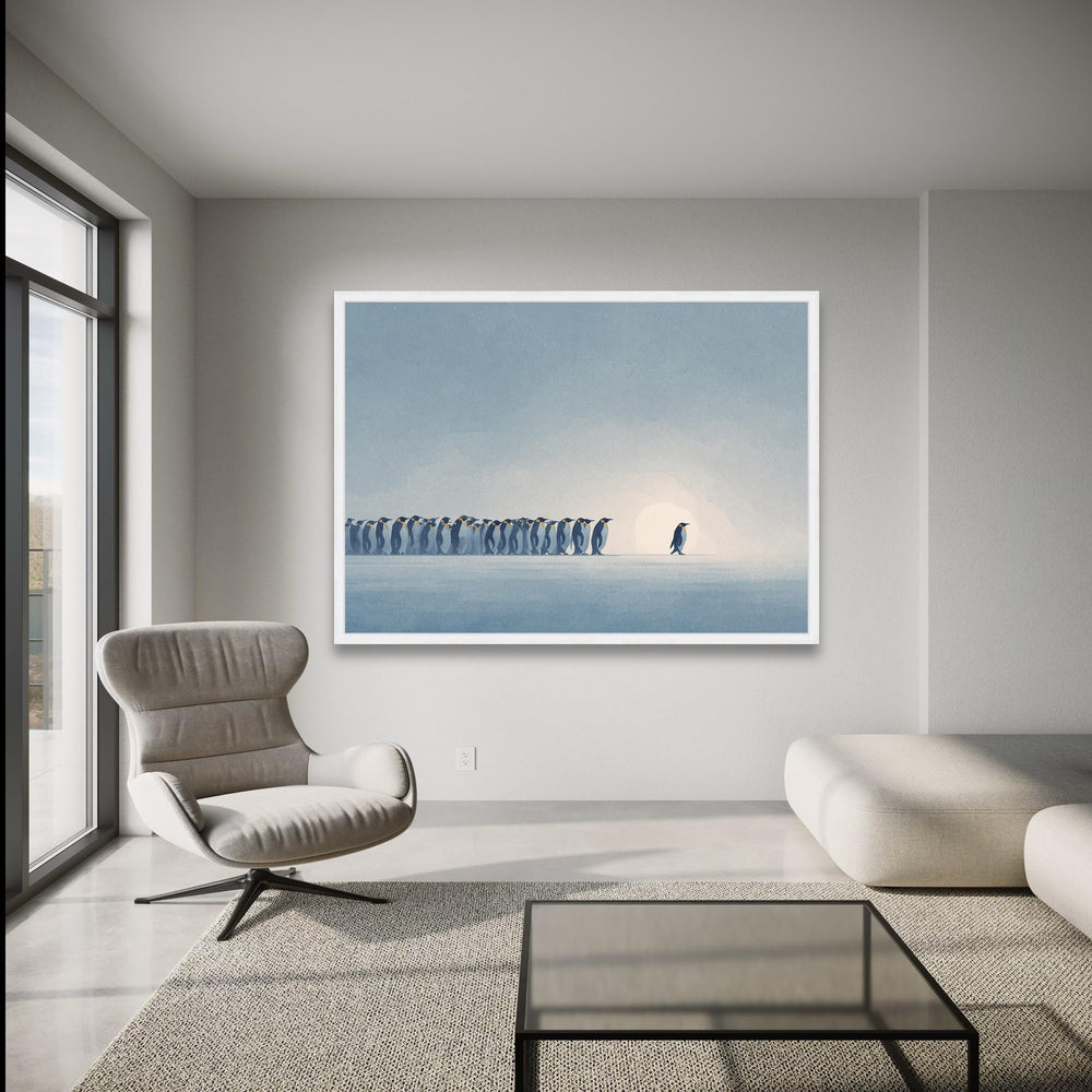 Minimalist Penguin Lineup Canvas, Arctic Animal Wall Art, Modern Nature Illustration, Blue Tone Home wall decoration, canvas print, wall art