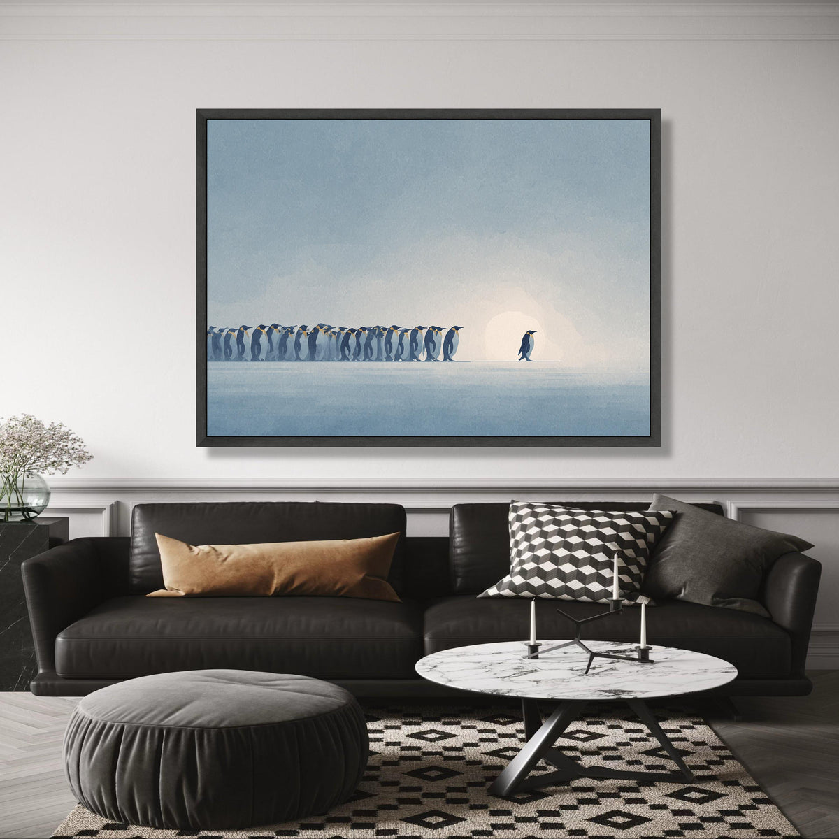 Minimalist Penguin Lineup Canvas, Arctic Animal Wall Art, Modern Nature Illustration, Blue Tone Home wall decoration, canvas print, wall art