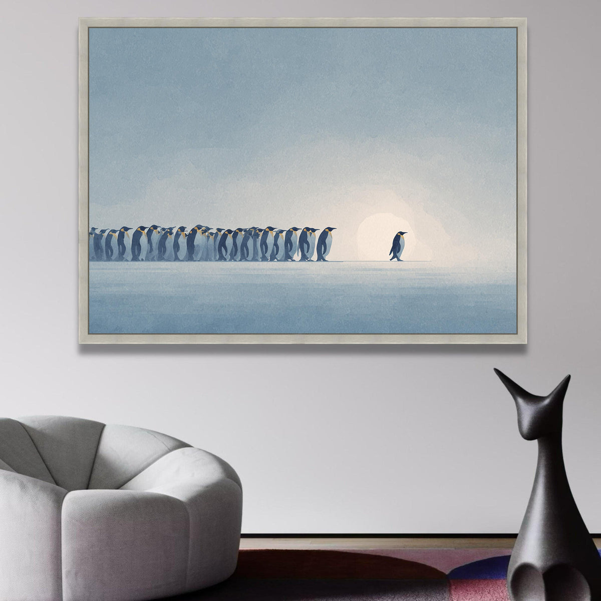 Minimalist Penguin Lineup Canvas, Arctic Animal Wall Art, Modern Nature Illustration, Blue Tone Home wall decoration, canvas print, wall art