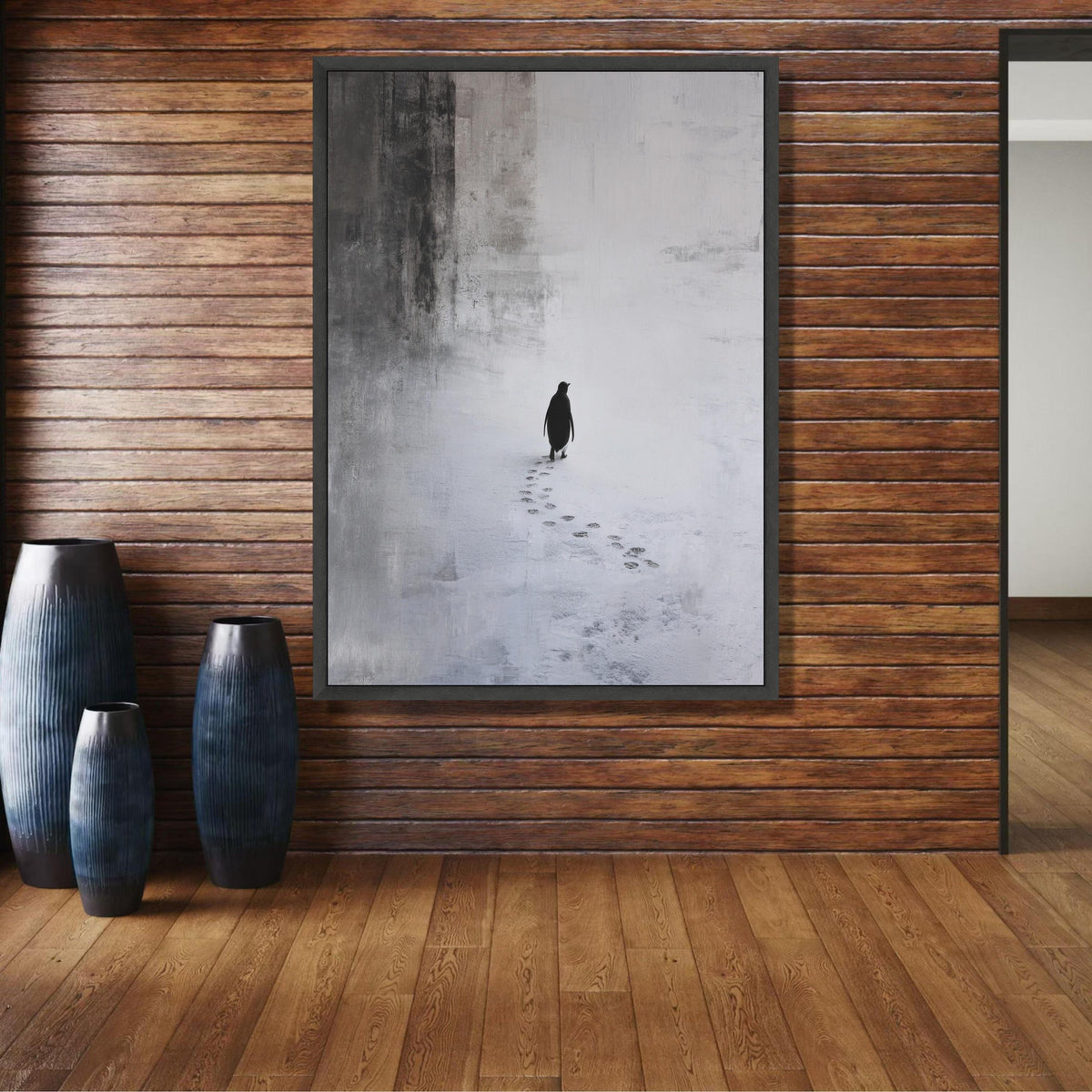 Minimalist Penguin Walking Canvas, Monochrome Animal Wall Art, Winter Snow Footprints, Modern Nature wall decoration, canvas print, wall art