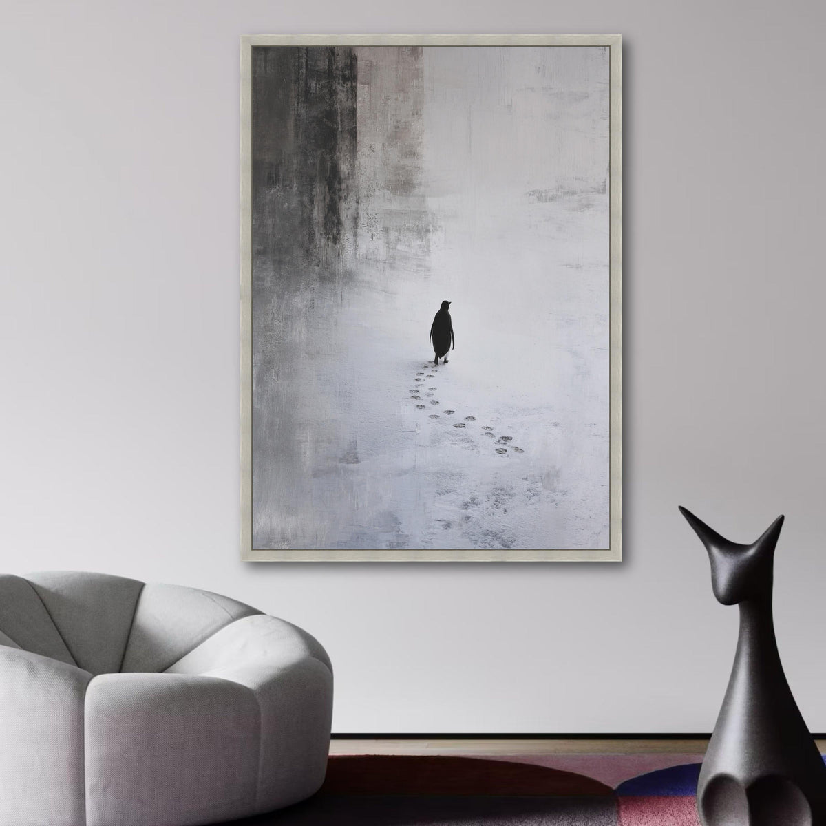 Minimalist Penguin Walking Canvas, Monochrome Animal Wall Art, Winter Snow Footprints, Modern Nature wall decoration, canvas print, wall art