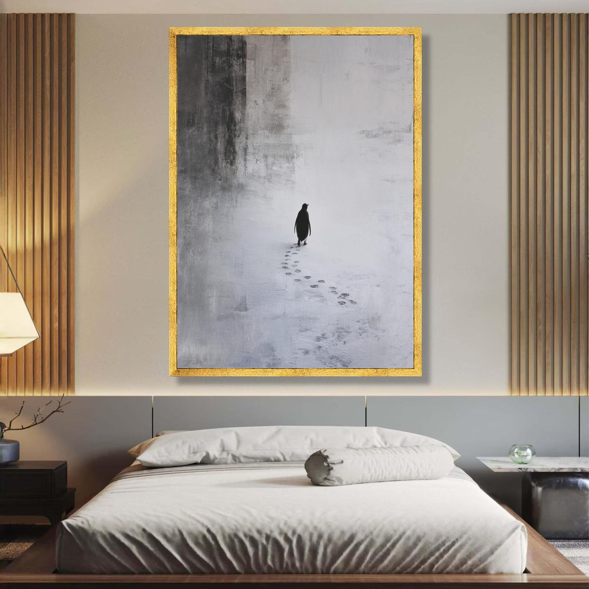 Minimalist Penguin Walking Canvas, Monochrome Animal Wall Art, Winter Snow Footprints, Modern Nature wall decoration, canvas print, wall art