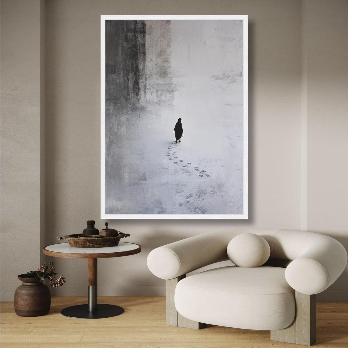 Minimalist Penguin Walking Canvas, Monochrome Animal Wall Art, Winter Snow Footprints, Modern Nature wall decoration, canvas print, wall art