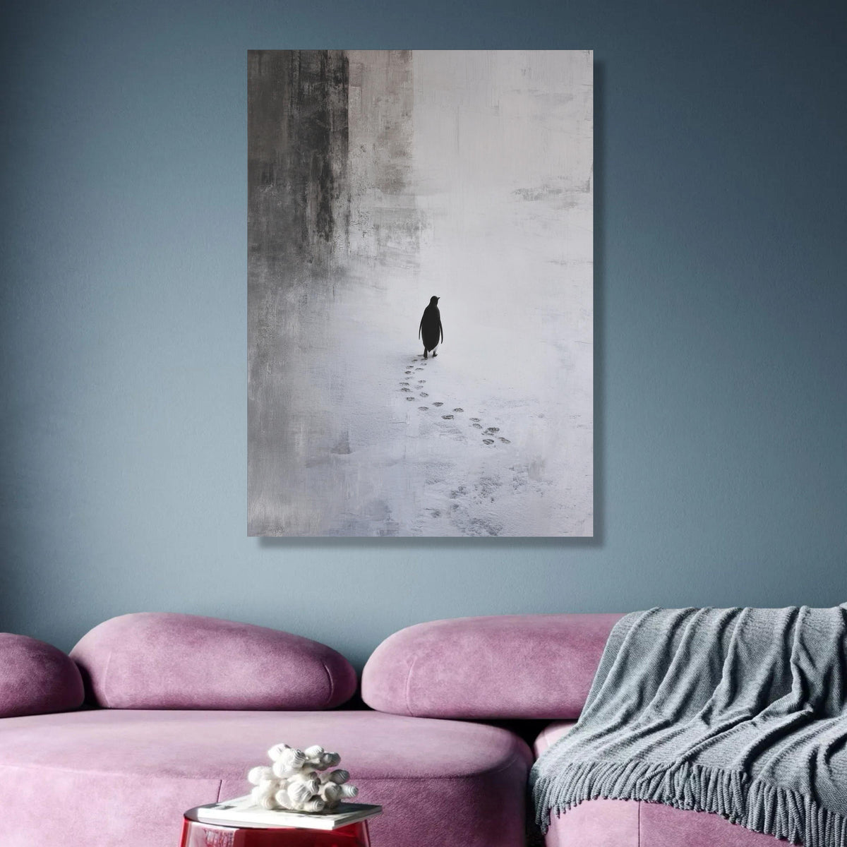 Minimalist Penguin Walking Canvas, Monochrome Animal Wall Art, Winter Snow Footprints, Modern Nature wall decoration, canvas print, wall art